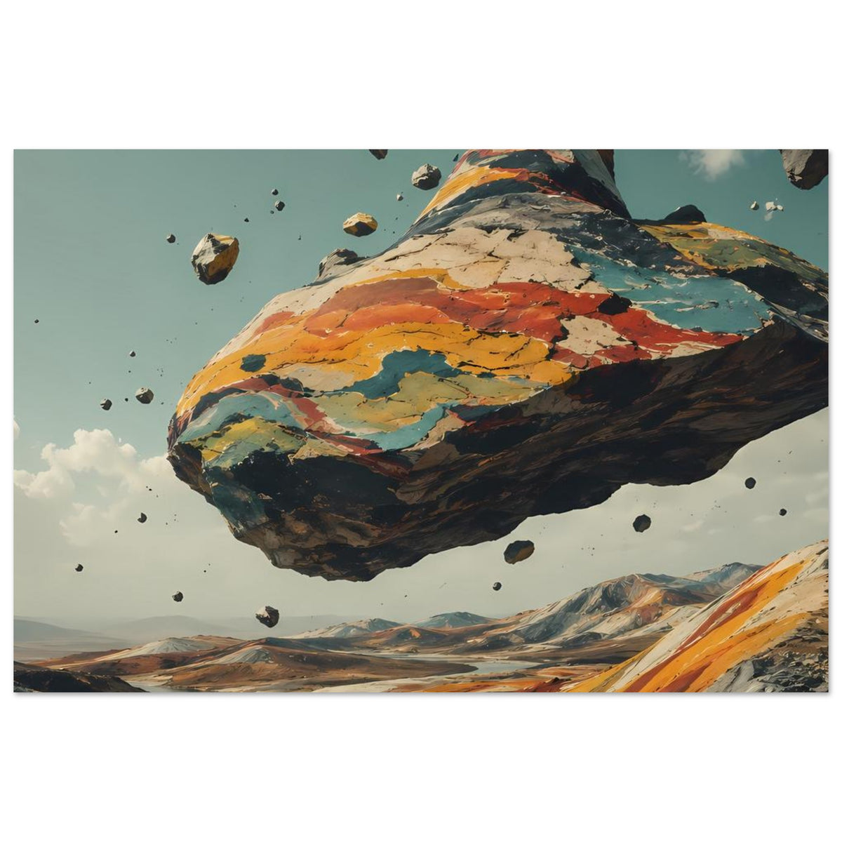 Wandposter im Querformat: schwebender Berg mit erdigen Farbfeldern und herumfliegenden Felsen