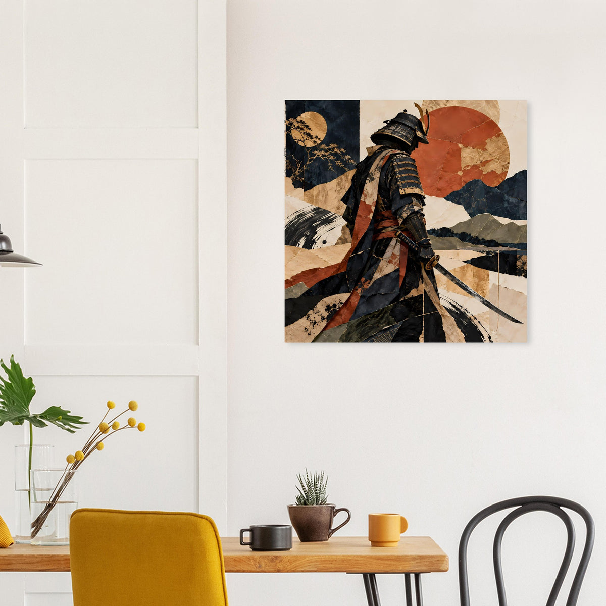 Poster mit Samurai-Silhouette, dunkler Hintergrund, braun-rote Akzente und Berge