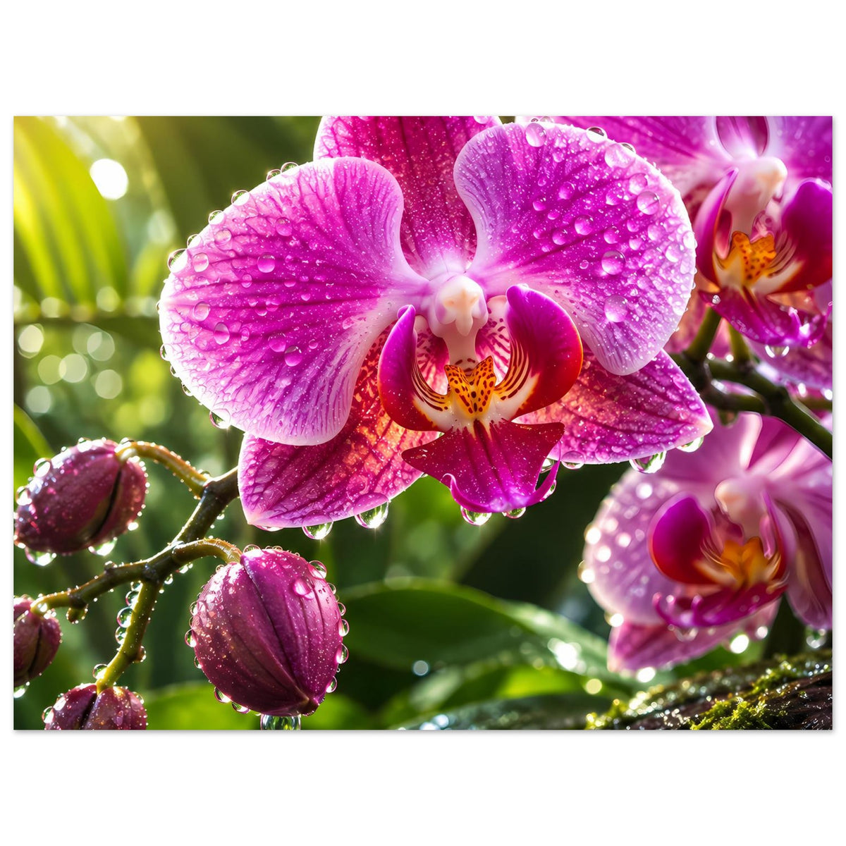 Orchideen-Poster mit pinken Orchideen, Wassertropfen auf Blütenblättern