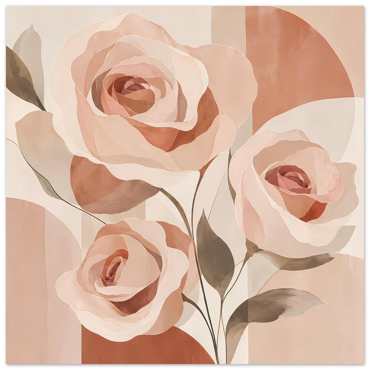Florales Poster mit vier Rosenblüten in Rosa/Pfirsich, beigen Flächen und Blättern