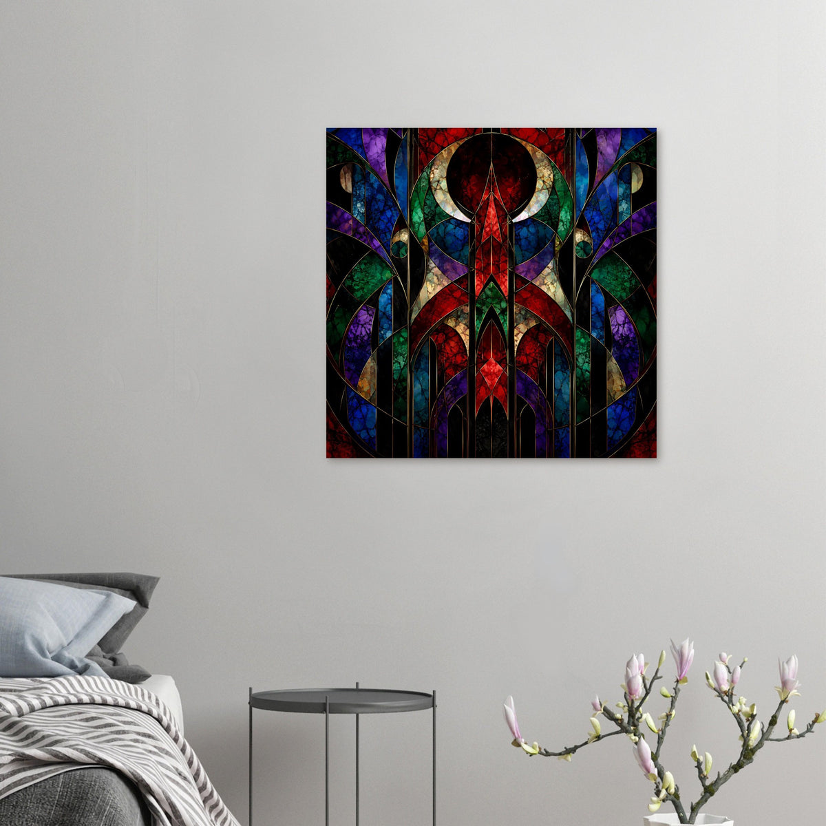 Geometrisches Art-déco-Poster mit farbigem Buntglas-Mosaik, vertikal