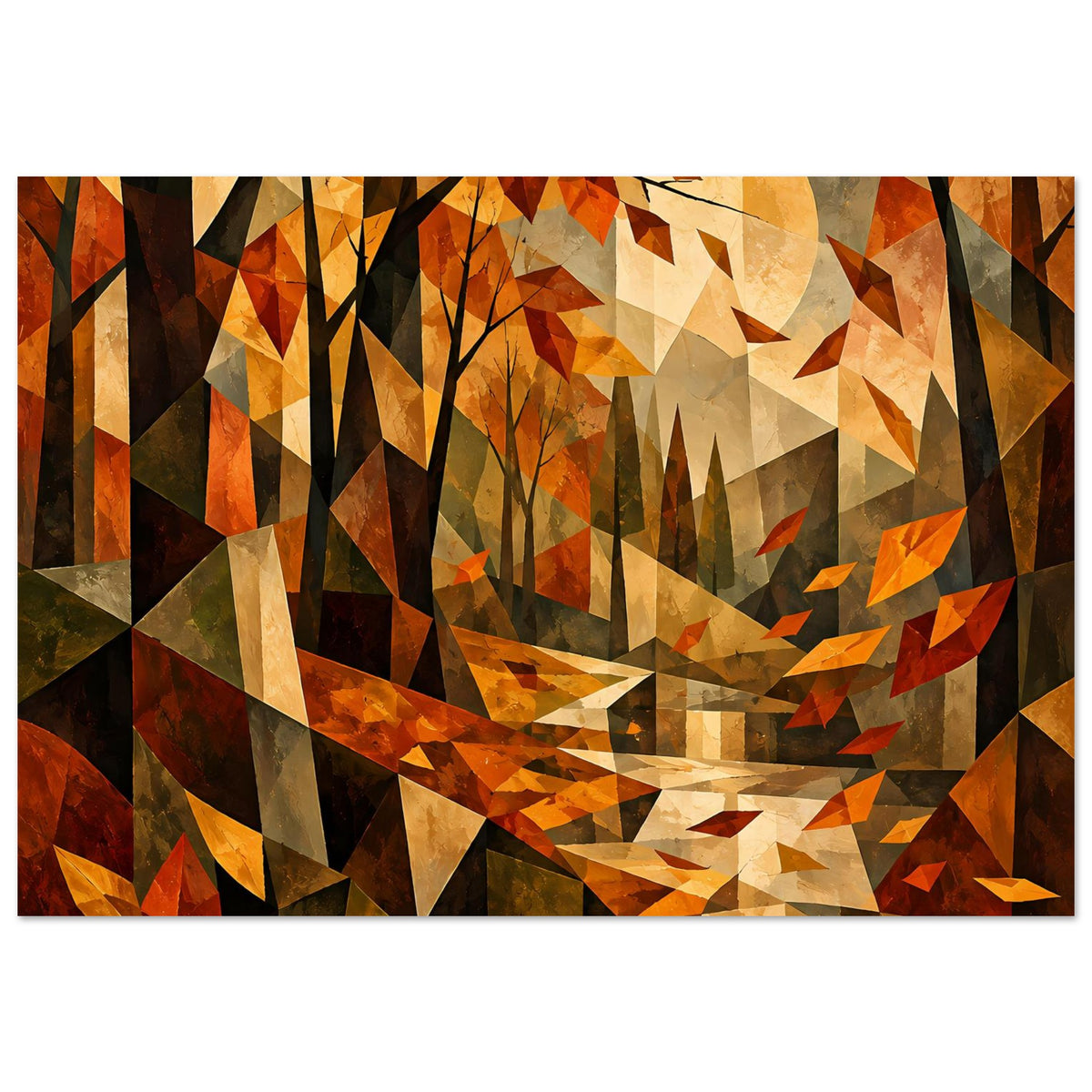 Kubistisches Herbstlandschafts-Poster (Querformat) mit Bäumen, orange-beigen Flächen und Herbstblättern