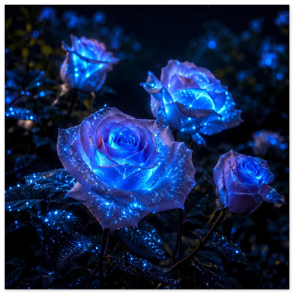 Poster mit leuchtenden blauen Rosen, Sternenlicht-Effekt, mehrere Blumen im Fokus