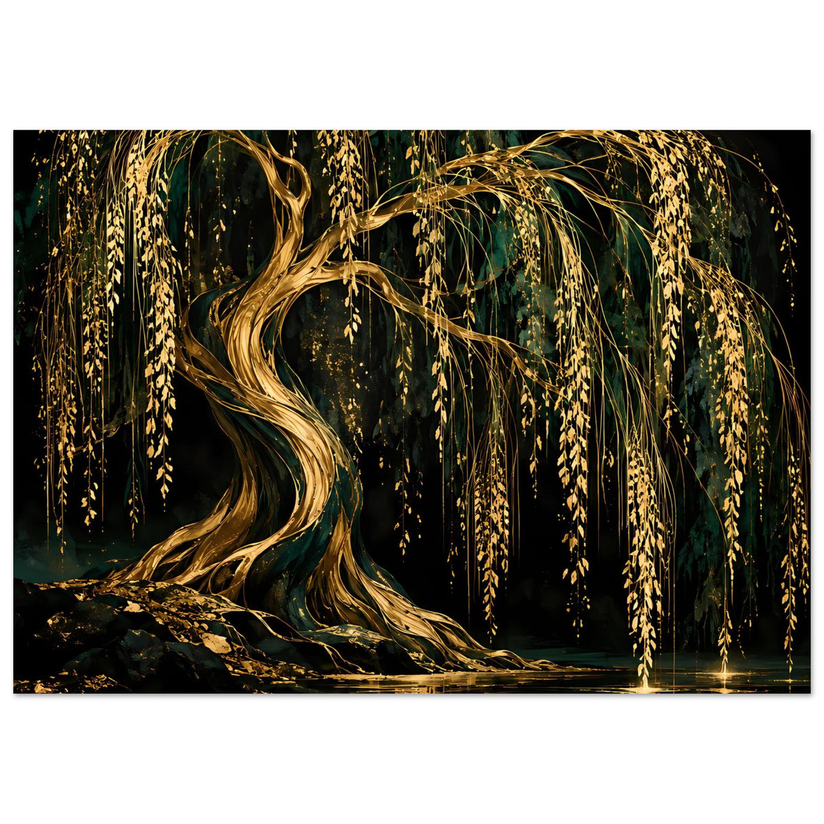 Weidenbaum-Wandposter: herabhängende goldene Zweige, dunkles Wasser mit leuchtender Spur
