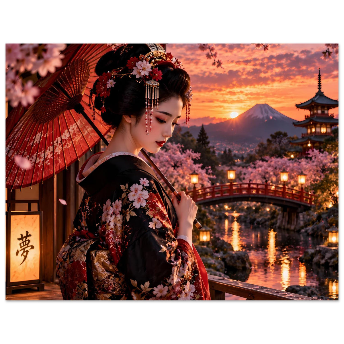Poster: Frau im dunklen Kimono mit Kirschblüten, roter Fächer, Pagode und Wasserlauf