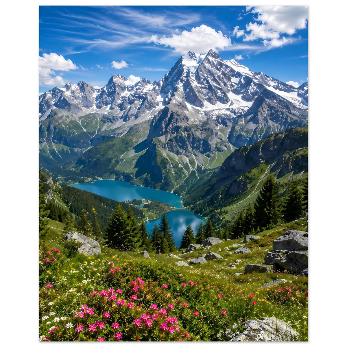 Alpenlandschaft-Poster, vertikal: schneebedeckte Berge, grünes Tal und pink blühender Blumenstreifen