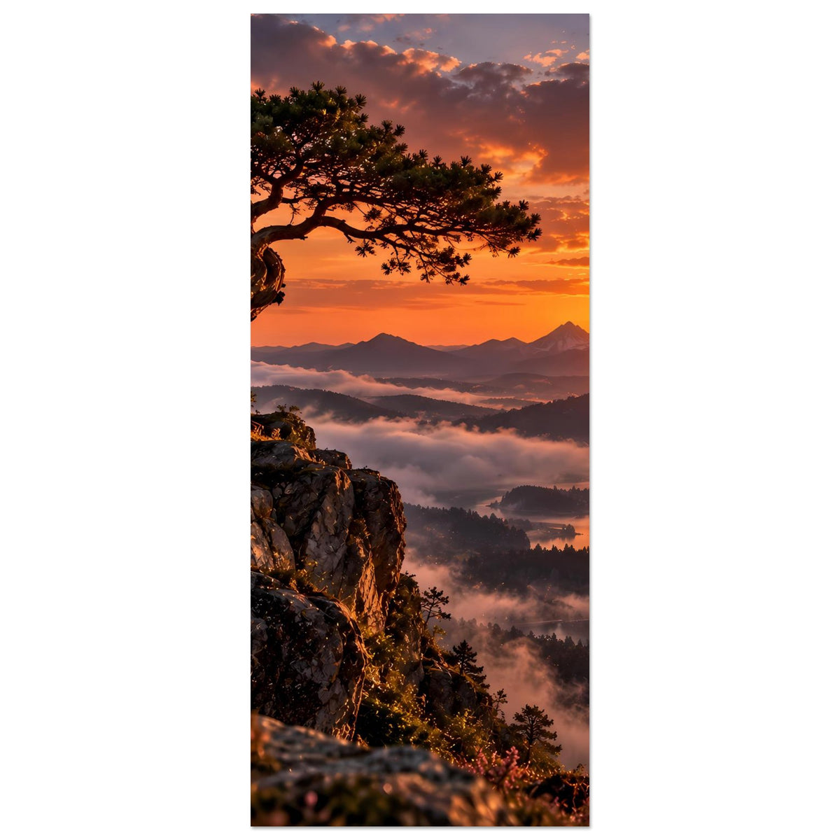 Schmales vertikales Landschaftsposter: Baum auf Felsen, Berge, See bei Sonnenuntergang