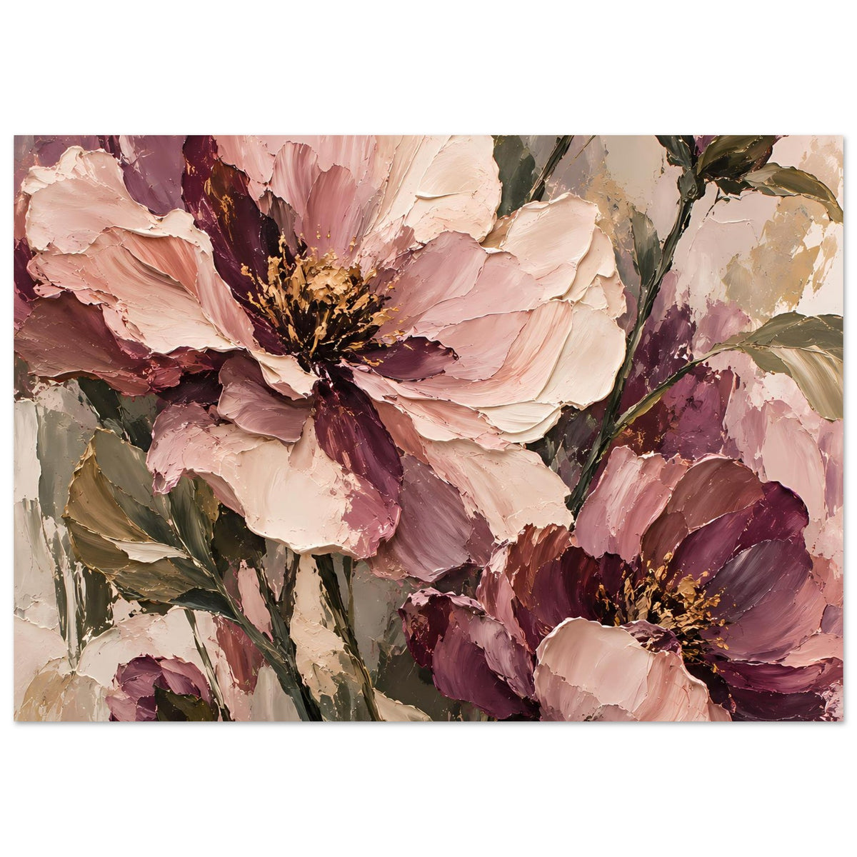 Floraler Kunstdruck mit Blumen in Rosé, Mauve und Grün