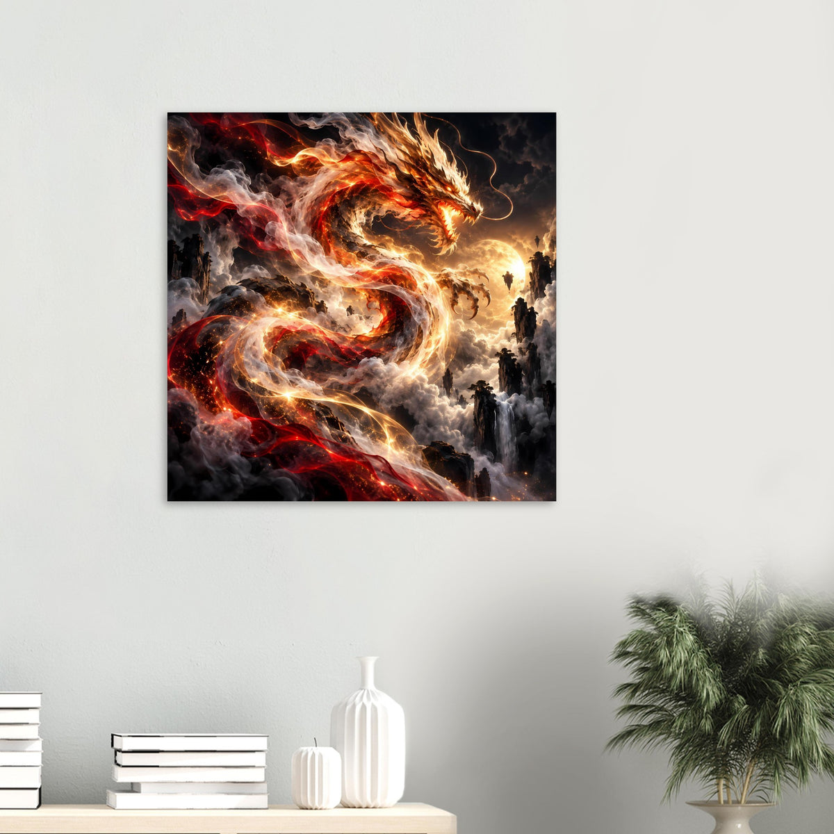 Drachen-Fantasyposter mit brennendem Kopf, goldener Glut und rotem Feuerdraht