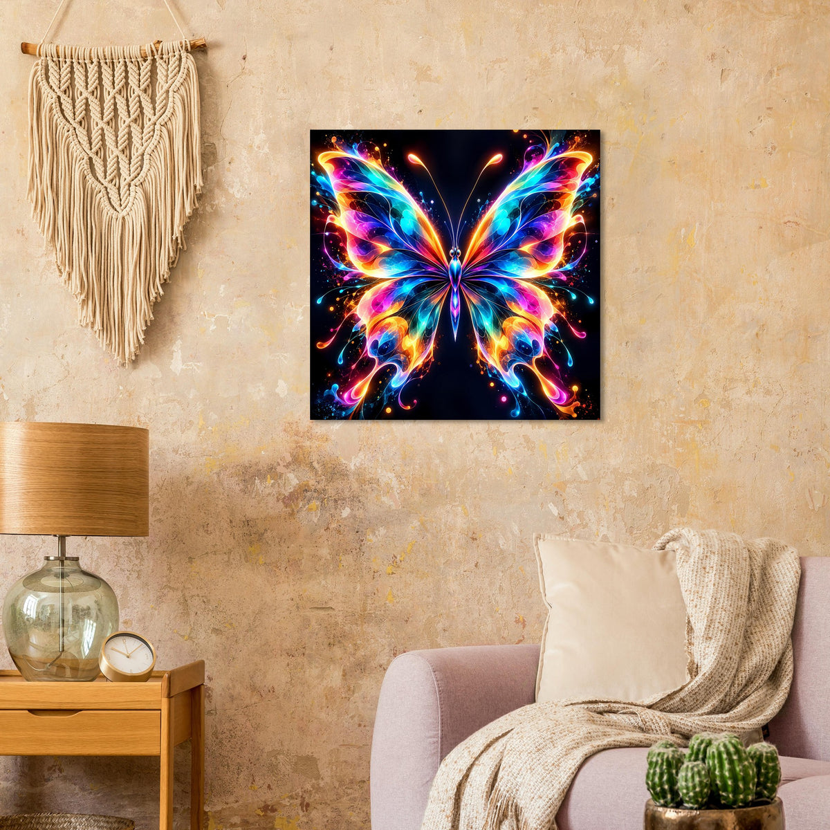 Quadratisches Poster mit leuchtendem Schmetterling in kräftigen Neonfarben auf dunklem Hintergrund.