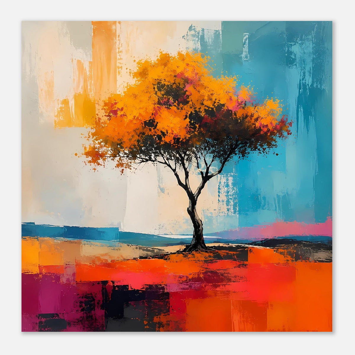 Nahansicht des gerahmten Posters: Baum in Orange-Türkis, abstrakte Pinselstriche und Horizonte