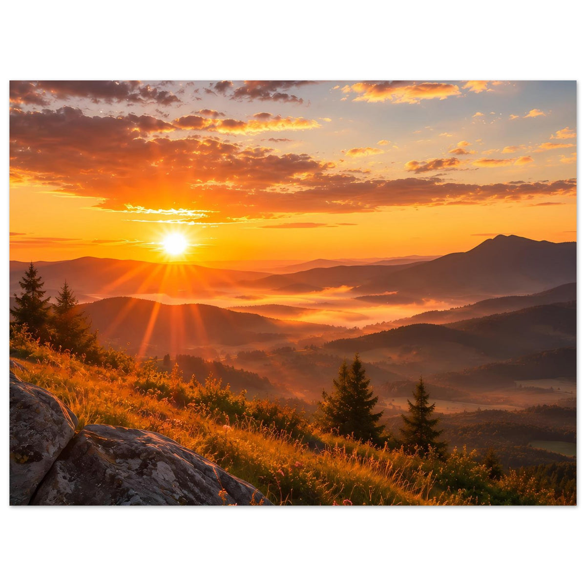 Landschaftsposter mit leuchtender Sonne am Horizont, Bergnebel, Wiese und Tannen