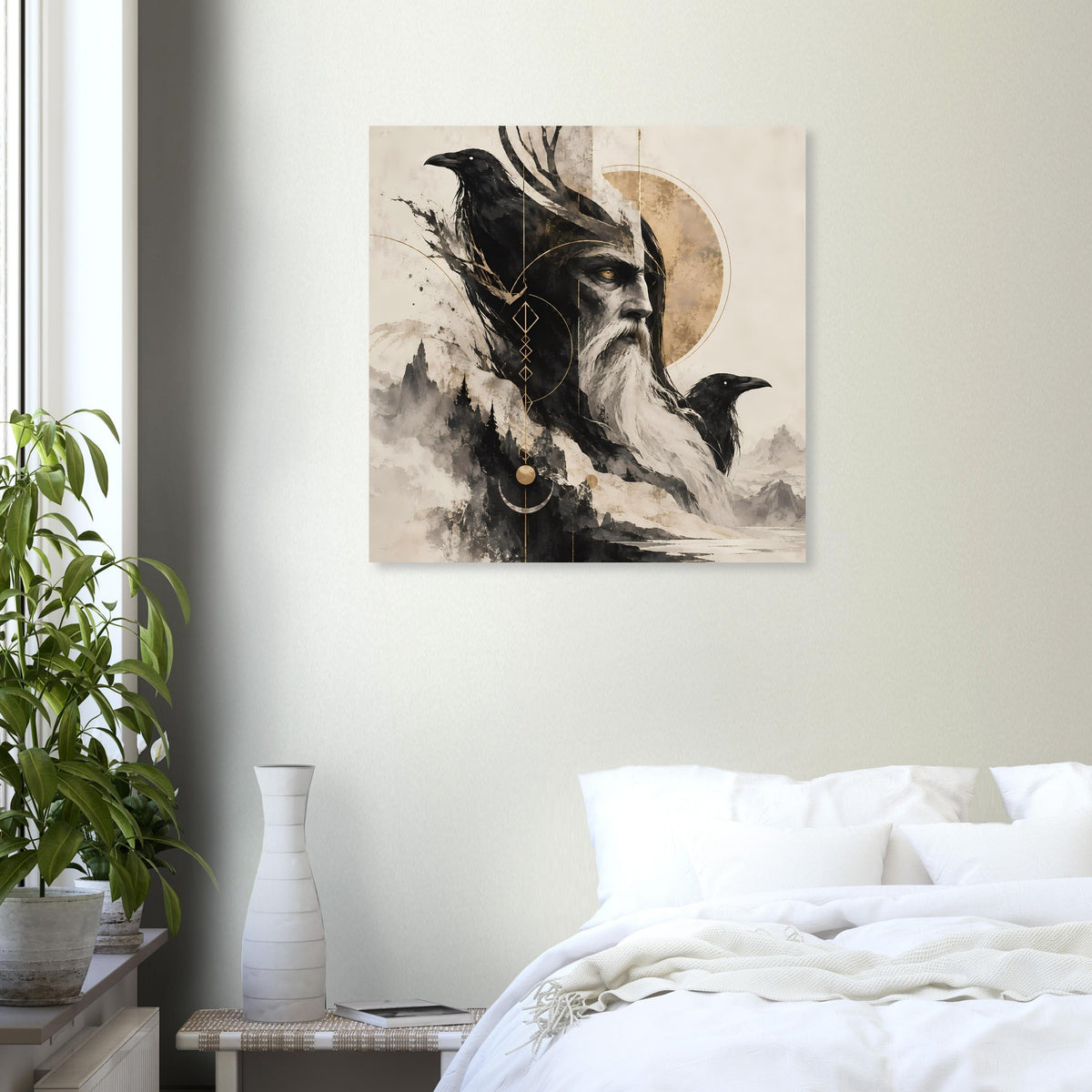 Kunstposter an der Wand: bärtiger Weiser mit Rabe, Halbmond und Nebelgebirge