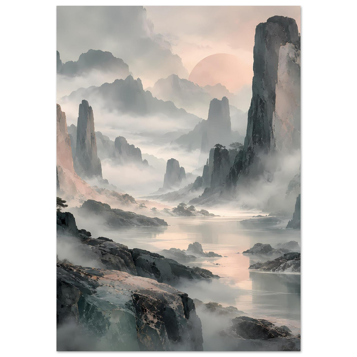 Hochformatiges Poster mit nebligen Bergketten, hohen Felsen und ruhigem Tal unter wolkigem Himmel
