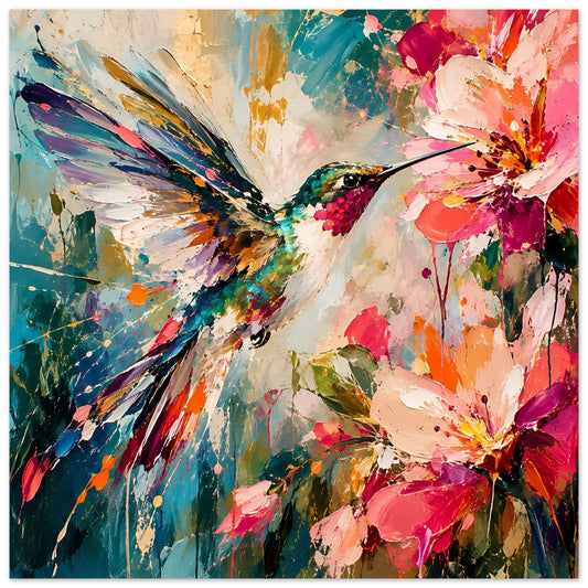 Poster mit Kolibri zwischen Blumen, buntes abstraktes Gemälde mit Pinselstrichen und Blütenklängen