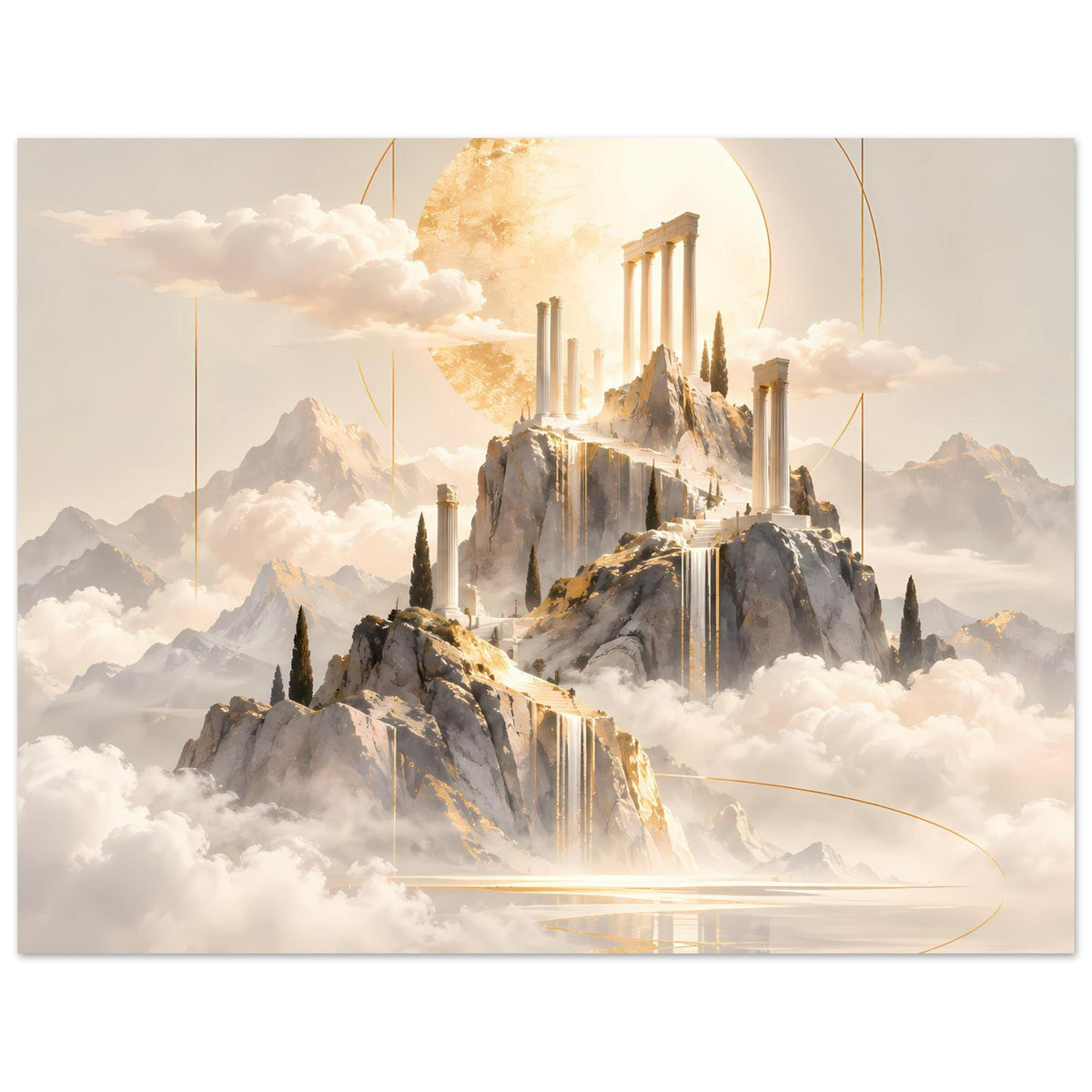 Horizontales Poster mit Tempel-Motiv: goldener Kreis über Gebirge, Wolken und Säulen