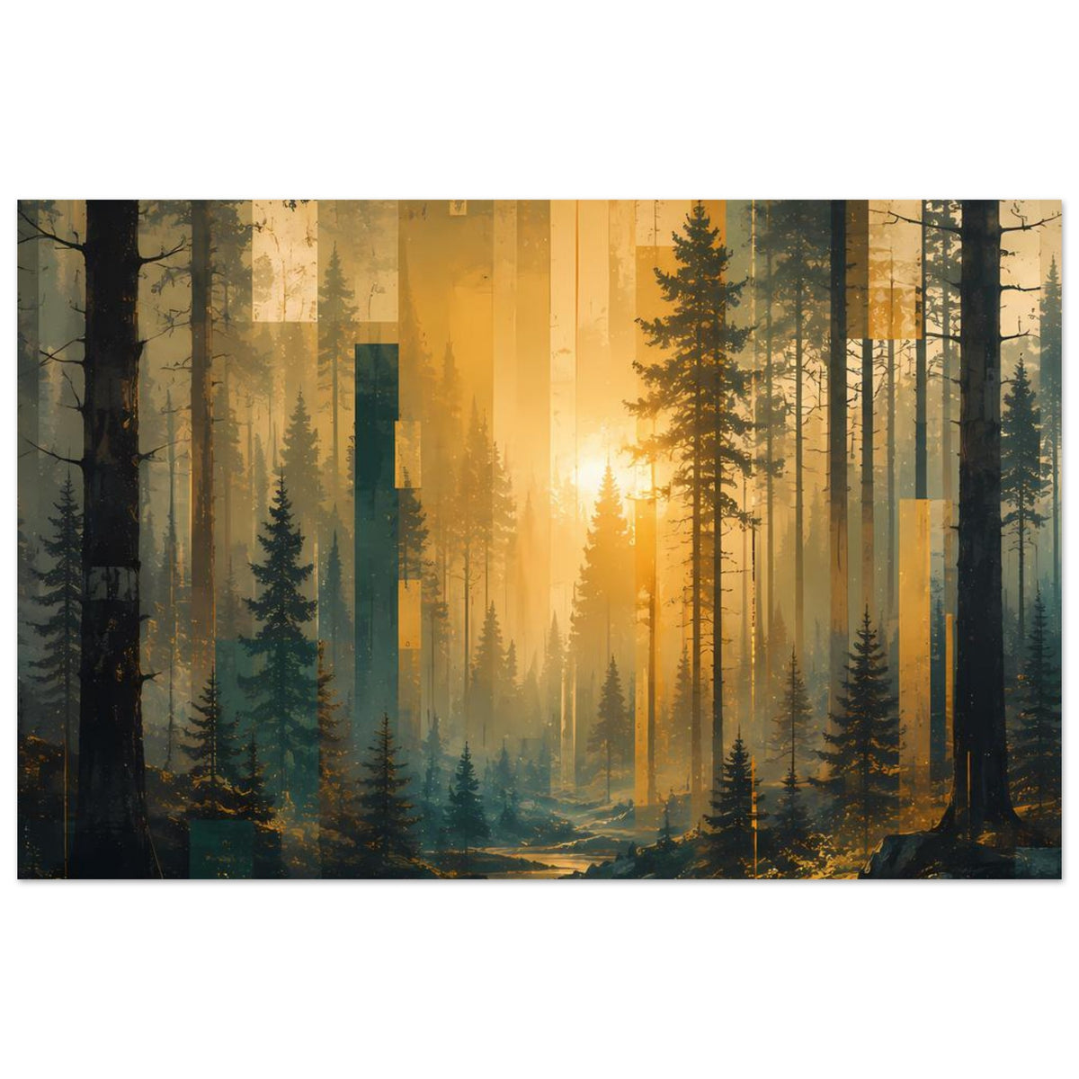 Wandposter im Querformat mit Wald bei Sonnenaufgang, Lichtschein über ruhigem Bachlauf