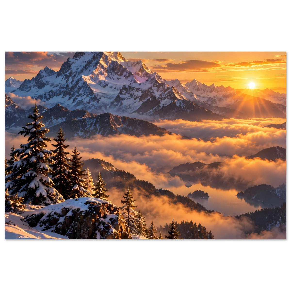 Poster im Querformat: Alpenberge mit Nadelbäumen, Sonnenaufgangslicht und Wolkenfalten
