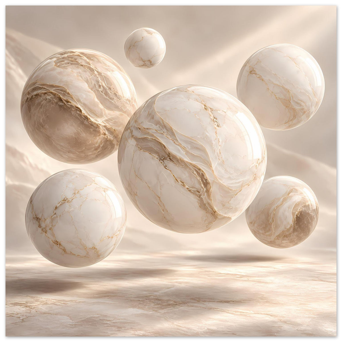Poster mit mehreren Marmor-Kugeln, helle Cremeoptik und goldene Adern im Kugel-Cluster