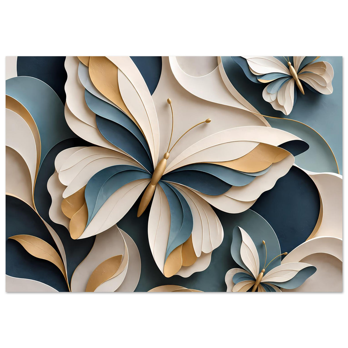 Weit zugeschnittenes Poster: Schmetterlinge und Blätter in Blau, Gold und Creme