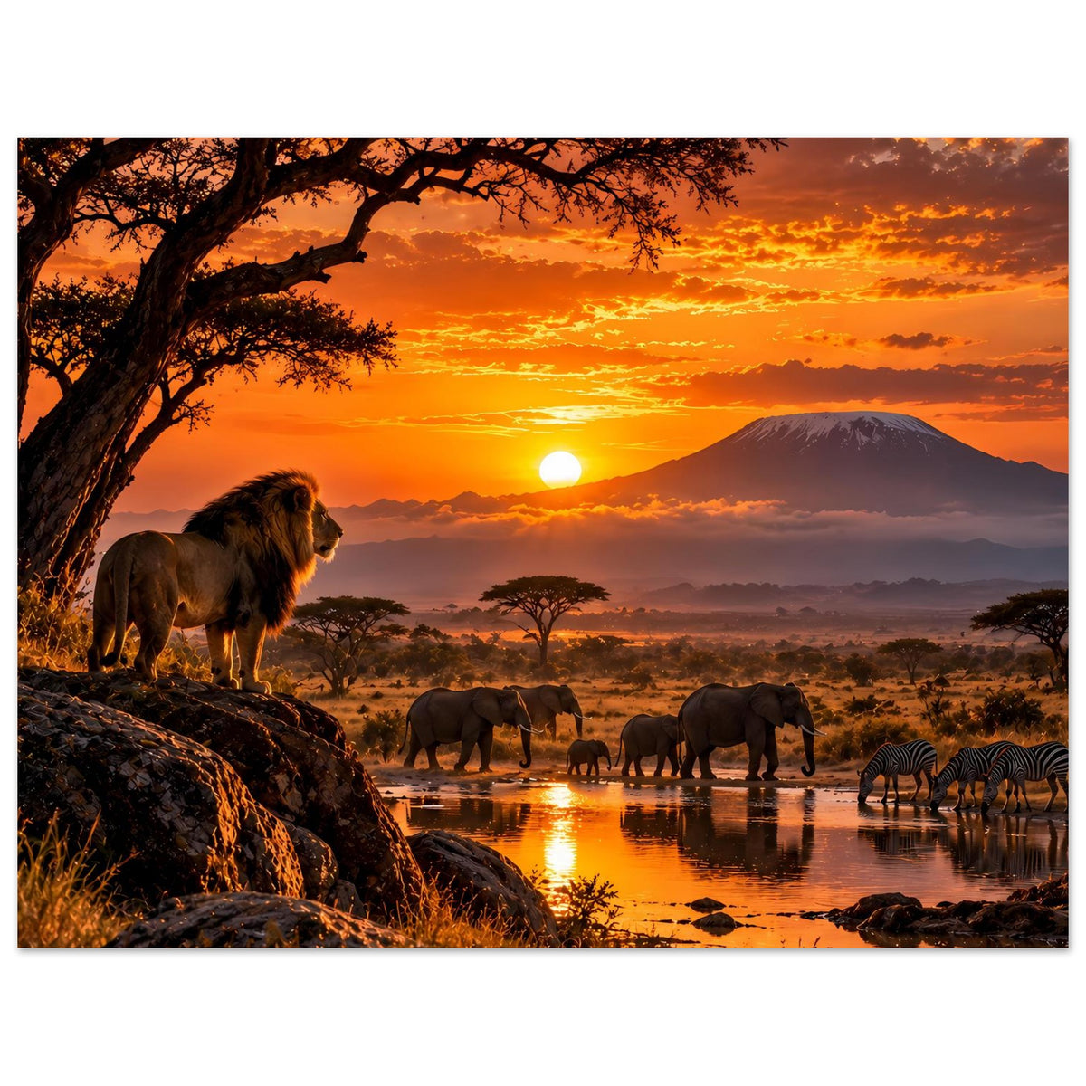 Safari-Poster mit Löwe am Ufer, Elefanten am Fluss und Zebras bei tiefem Sonnenuntergang