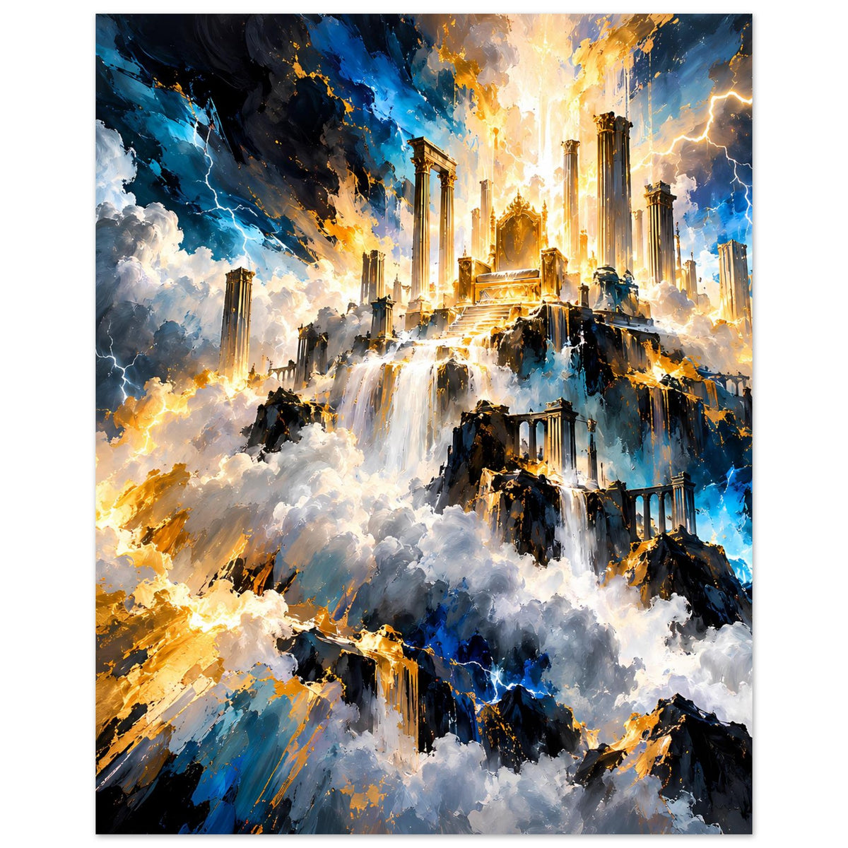 Fantasy-Poster mit leuchtender Stadt im Himmel, türmen über Wolken und blau-goldenem Farbverlauf