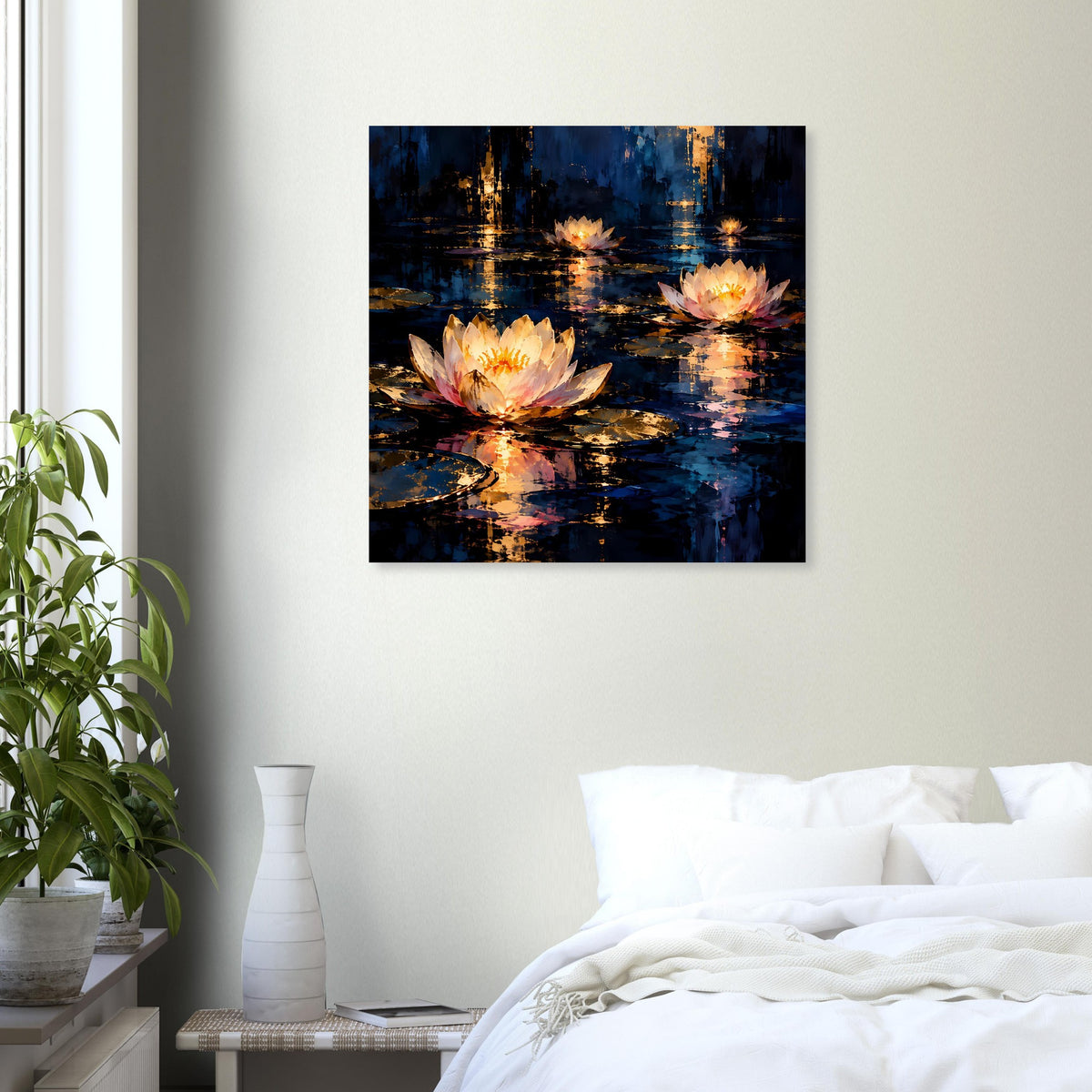 Quadratisches Blumenposter mit Seerosenblüten in Dunkelblau, goldene Lichtreflexe