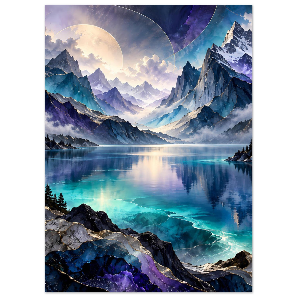Bergsee-Poster mit schimmerndem Wasser in Türkis, violetten Akzenten, Felsen und Bergen