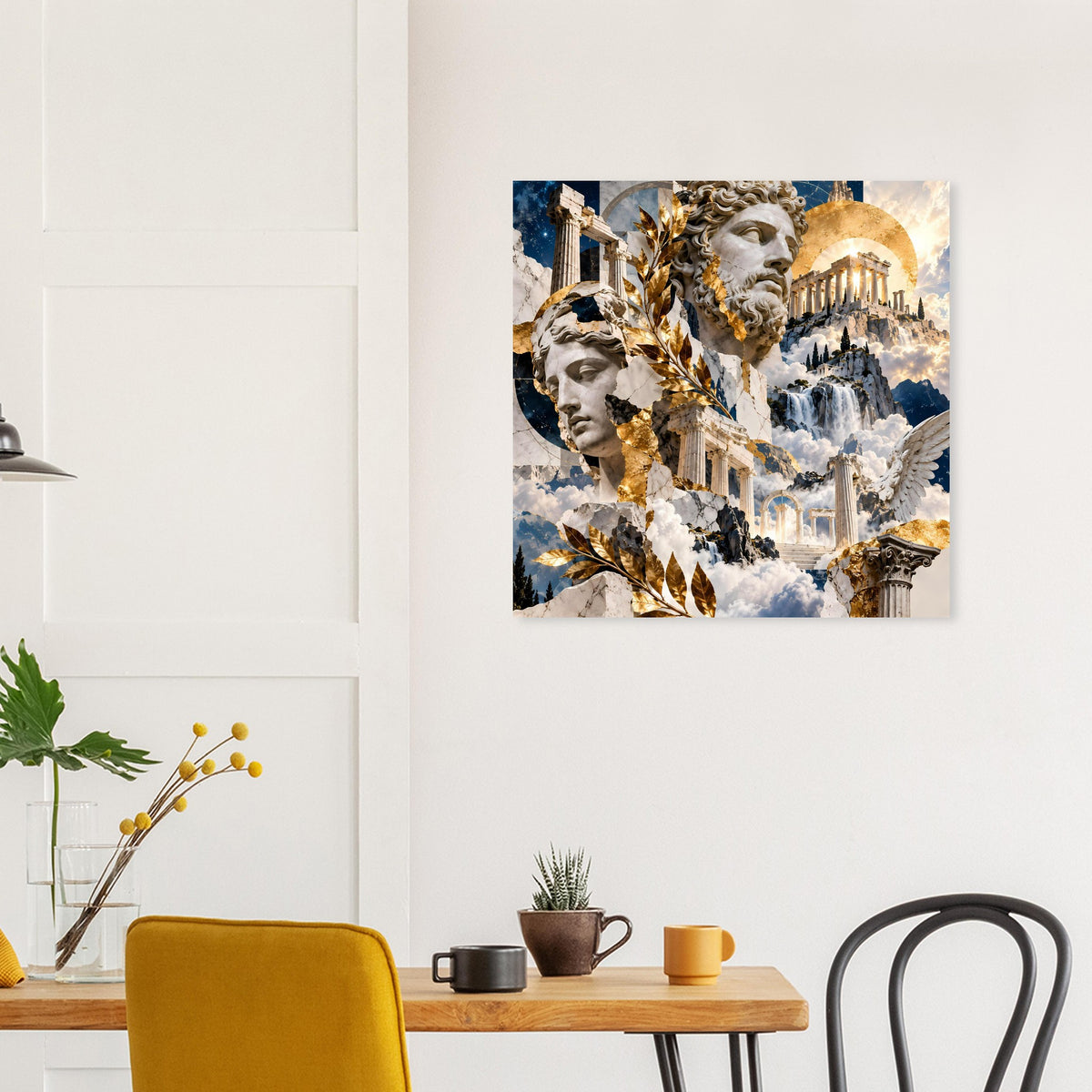 Wandposter, quadratisch: antike Büsten mit goldenen Akzenten, Tempel und Wolken