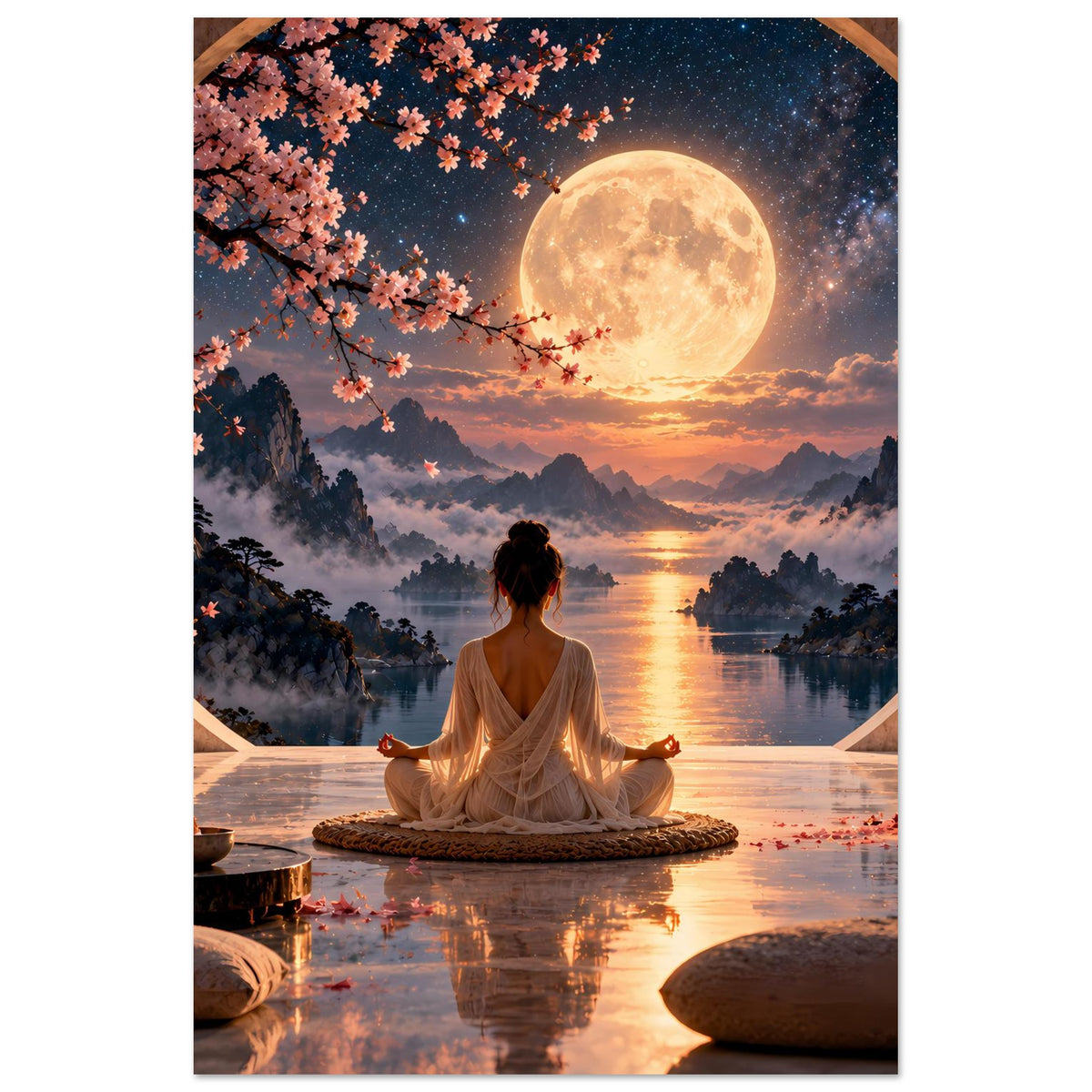 Zen-Meditationsposter: sitzende Meditationsfigur unter Mond und Sternen über Bergsee