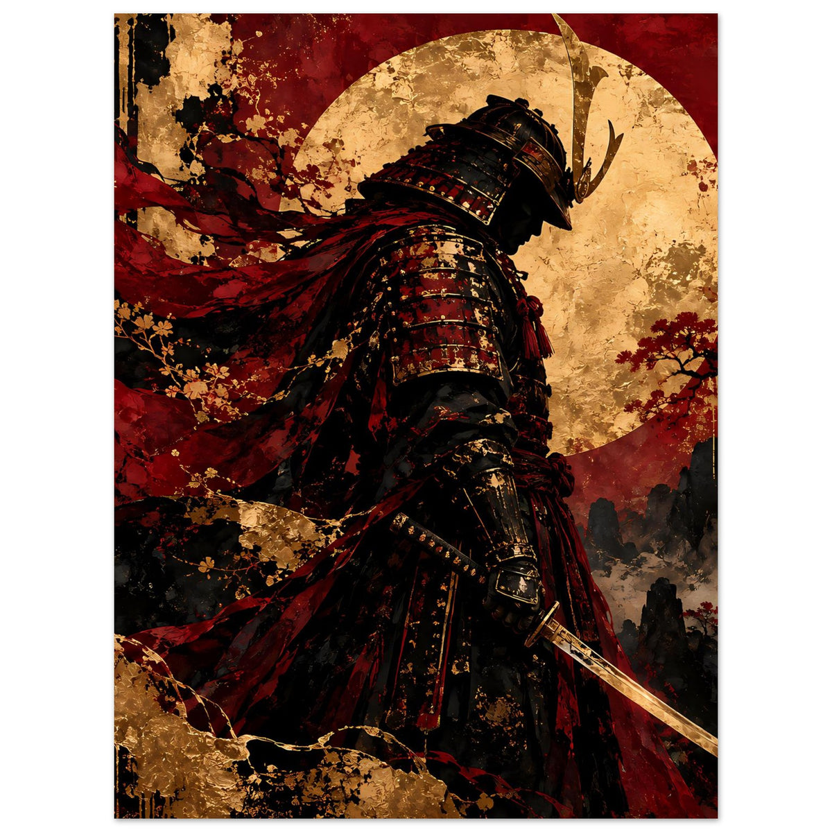 Japan-Poster mit Samurai-Krieger in schwarzer Rüstung, rotem Umhang und Katana vor Halbmond