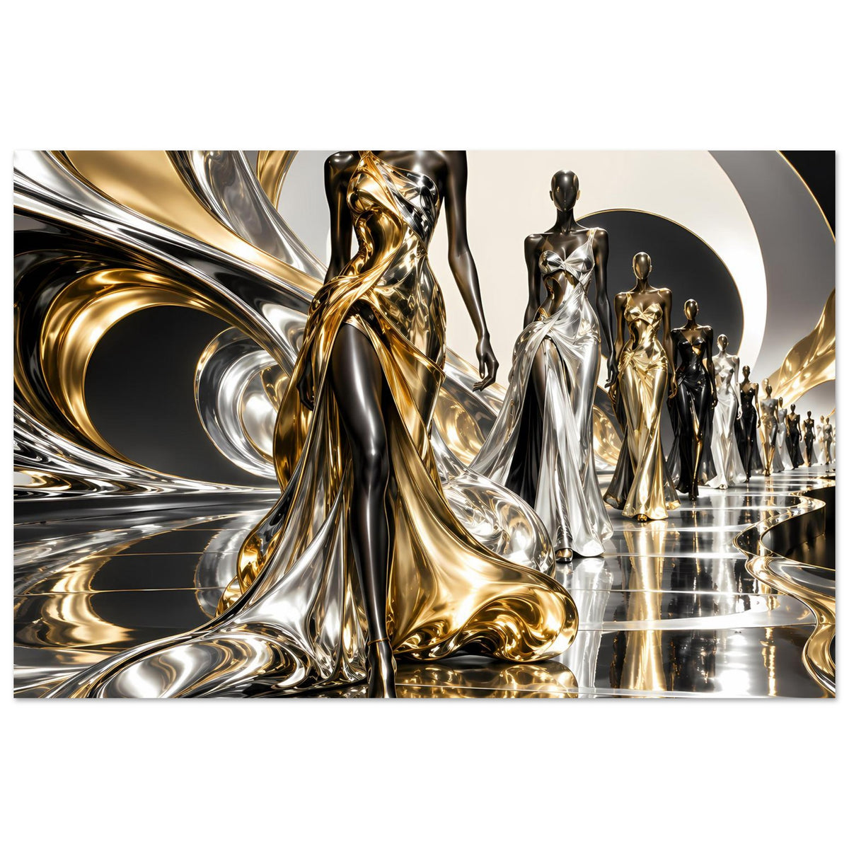 Gold- und Silberfarbenes Poster mit abstrakten Figuren, gold-silbernen Wellenformen und Spiegelung