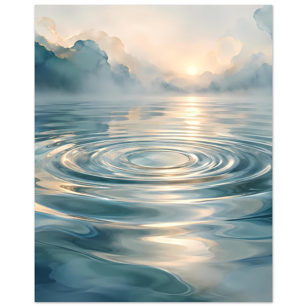 Wasserwellen-Poster mit Sonnenaufgang am Horizont, kreisrunde Wellenringe, vertikal