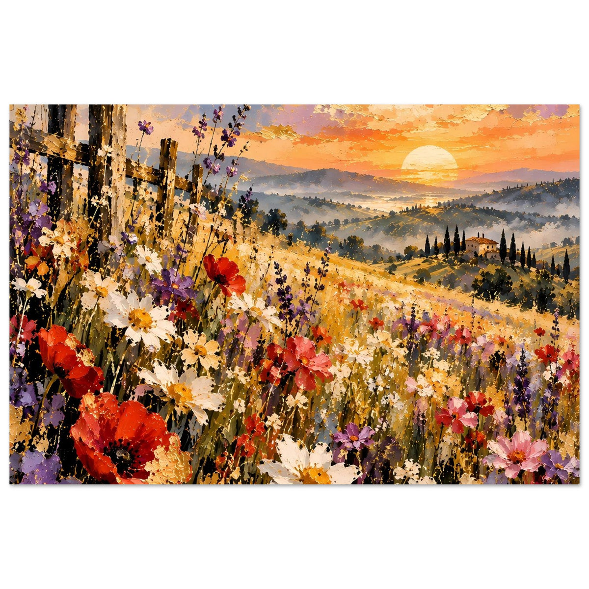 Landschaftsposter mit Blumenwiese, Mohnblumenreihe links und Sonnenuntergang im Abendrot