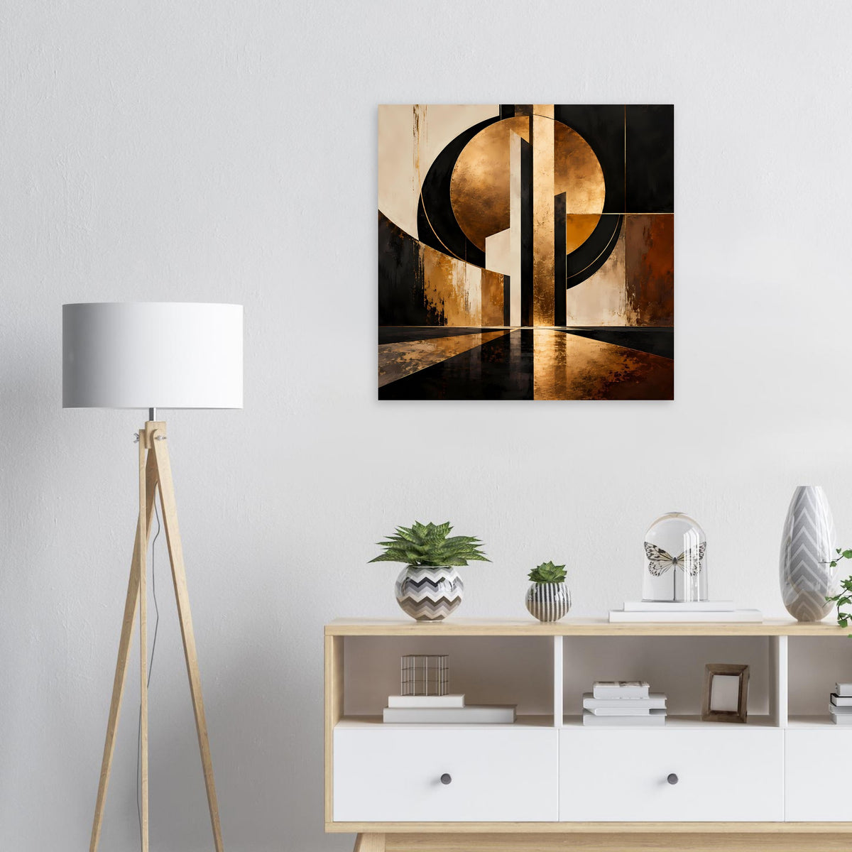 Abstraktes Poster mit gold-schwarzem Kreis-Motiv und vertikaler Linie, quadratisch