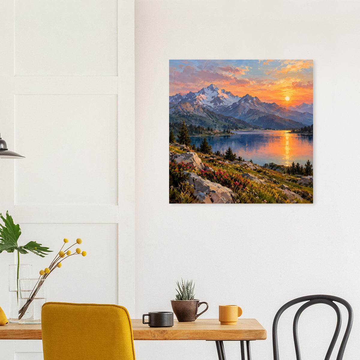 Quadratisches Poster über einem Tisch: Bergsee bei Sonnenuntergang