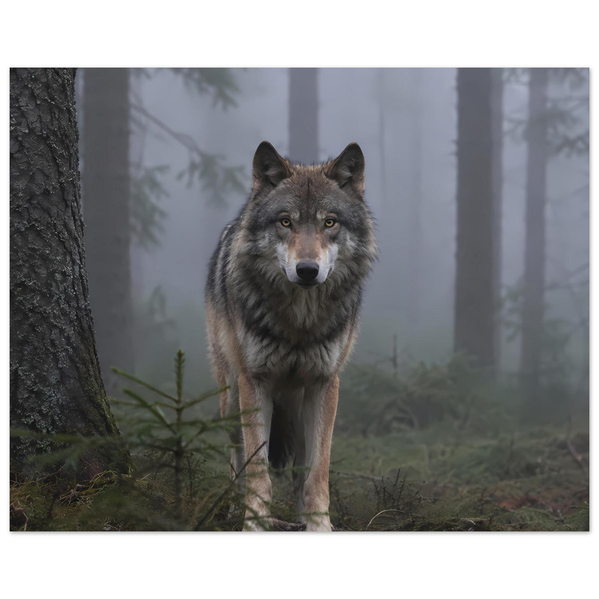 Poster mit grauem Wolf im Nebelwald, Nahansicht mit Baumstamm links