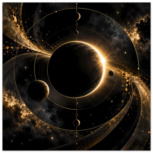 Weltraum-Poster mit großer dunkler Planetenkugel, kleinerem Mond links und goldenem Lichtglanz rechts
