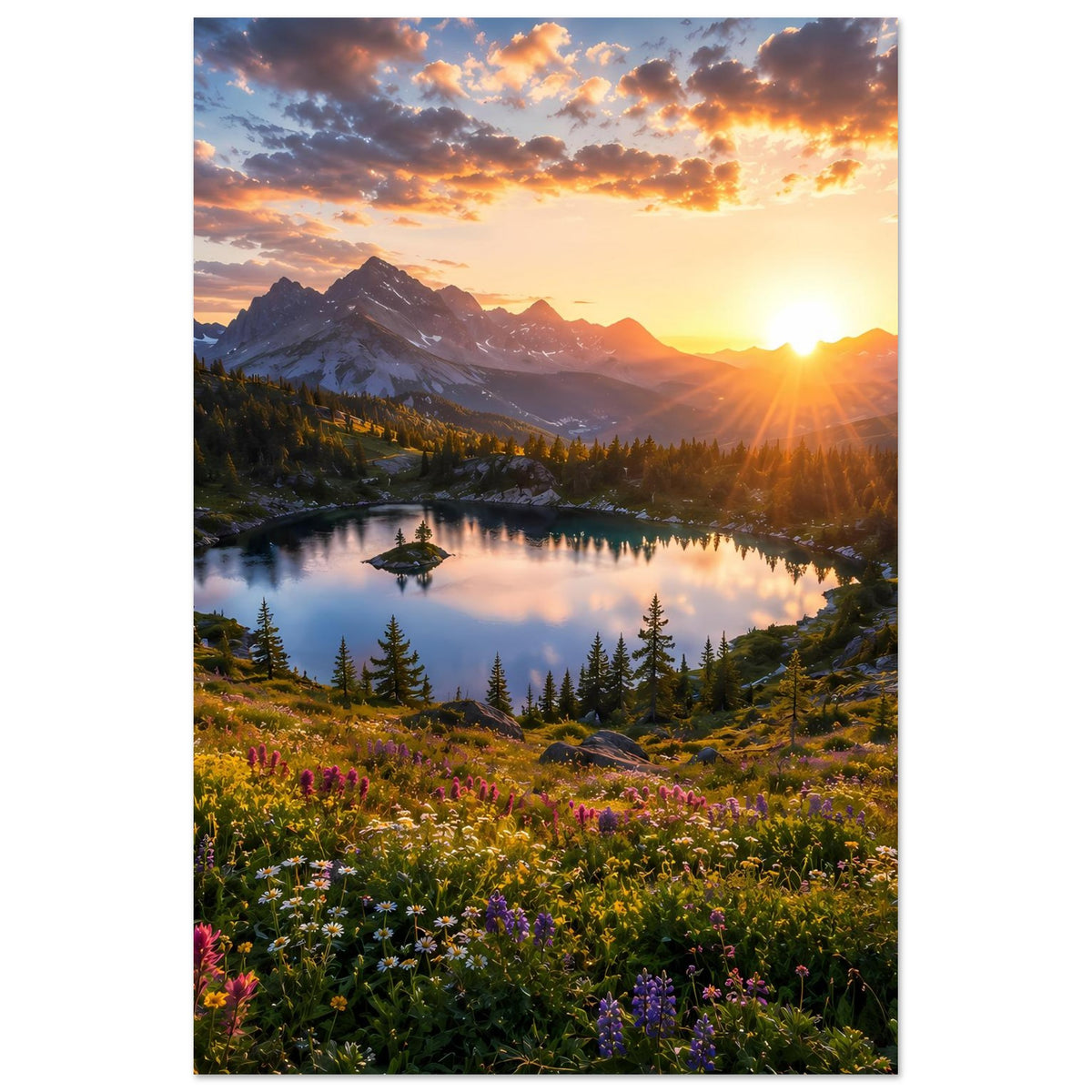 Vertikales Poster: Bergsee im Sonnenuntergang mit Bergen, Sonnenstrahlen und Blumen