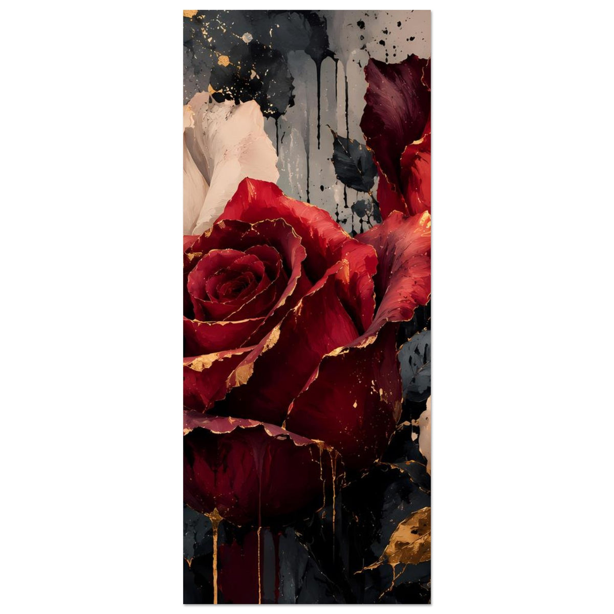 Schmaler Bildausschnitt: Kunstposter mit bordeauxroter Rose und cremefarbenen Blüten