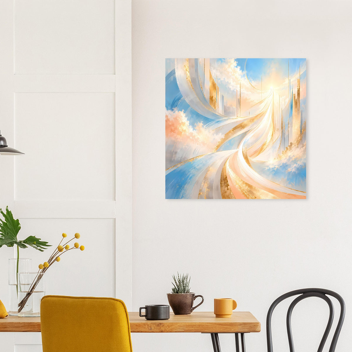 Abstraktes Poster: goldene Strömungen und blaue Wolken auf hellem Untergrund