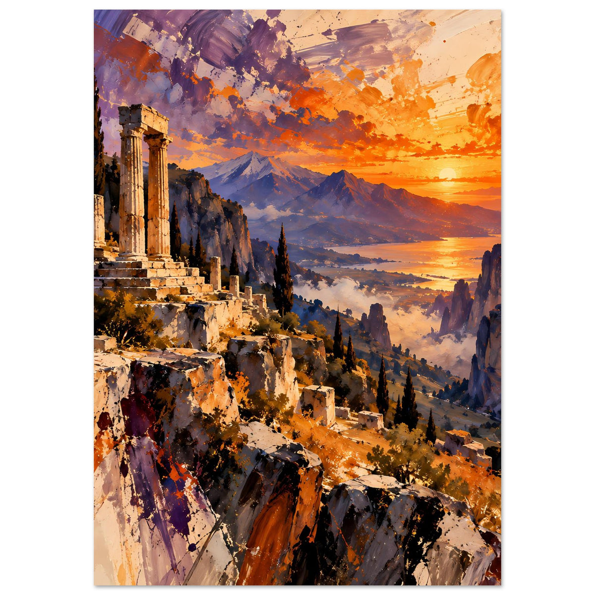 Vertikales Poster: Ruinen und Felsen im unteren Bereich, weiter Blick auf Berge bei Sonnenuntergang.