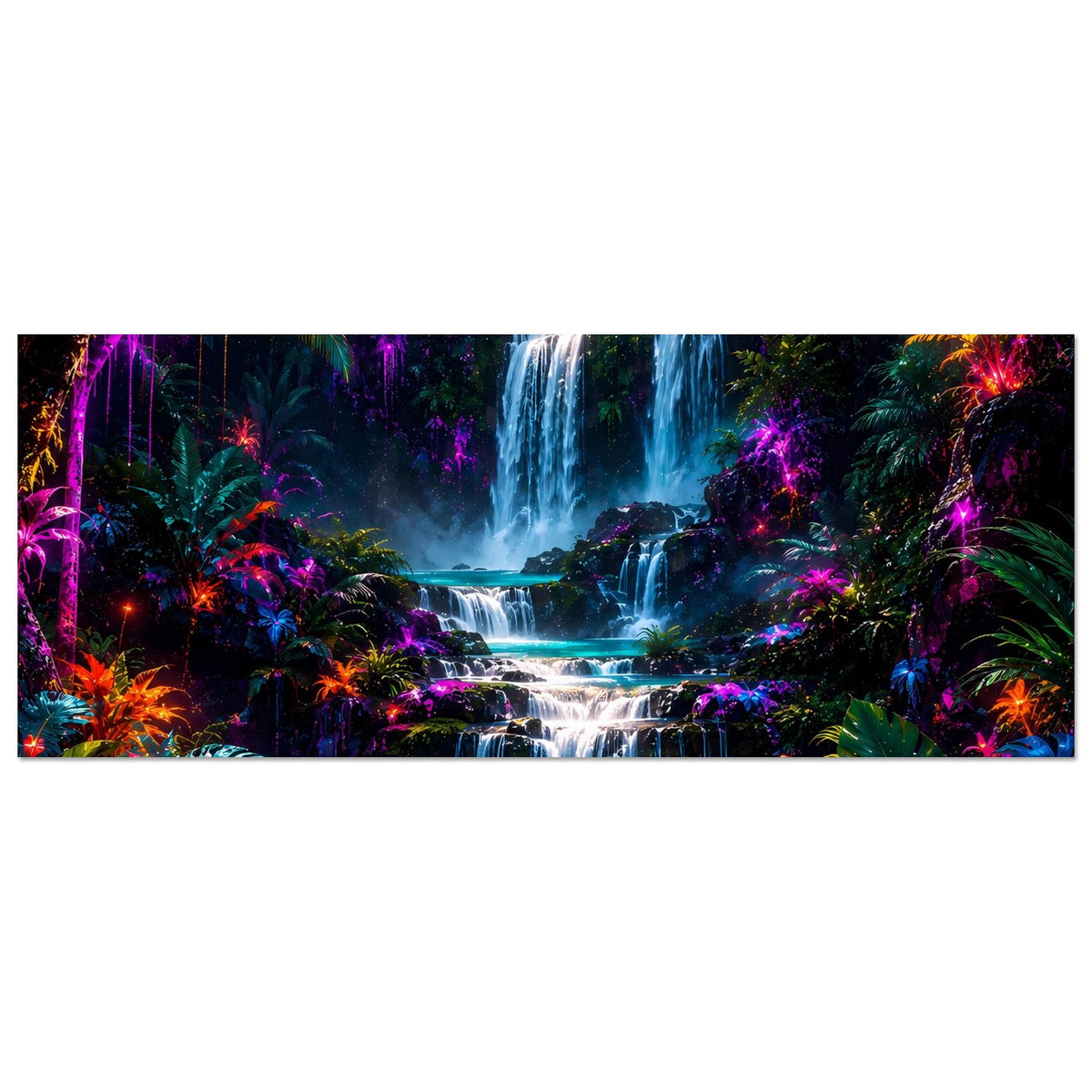 Neon-Regenwald-Wasserfall-Poster, Panorama-Ansicht mit Wasserfällen und leuchtenden Pflanzen