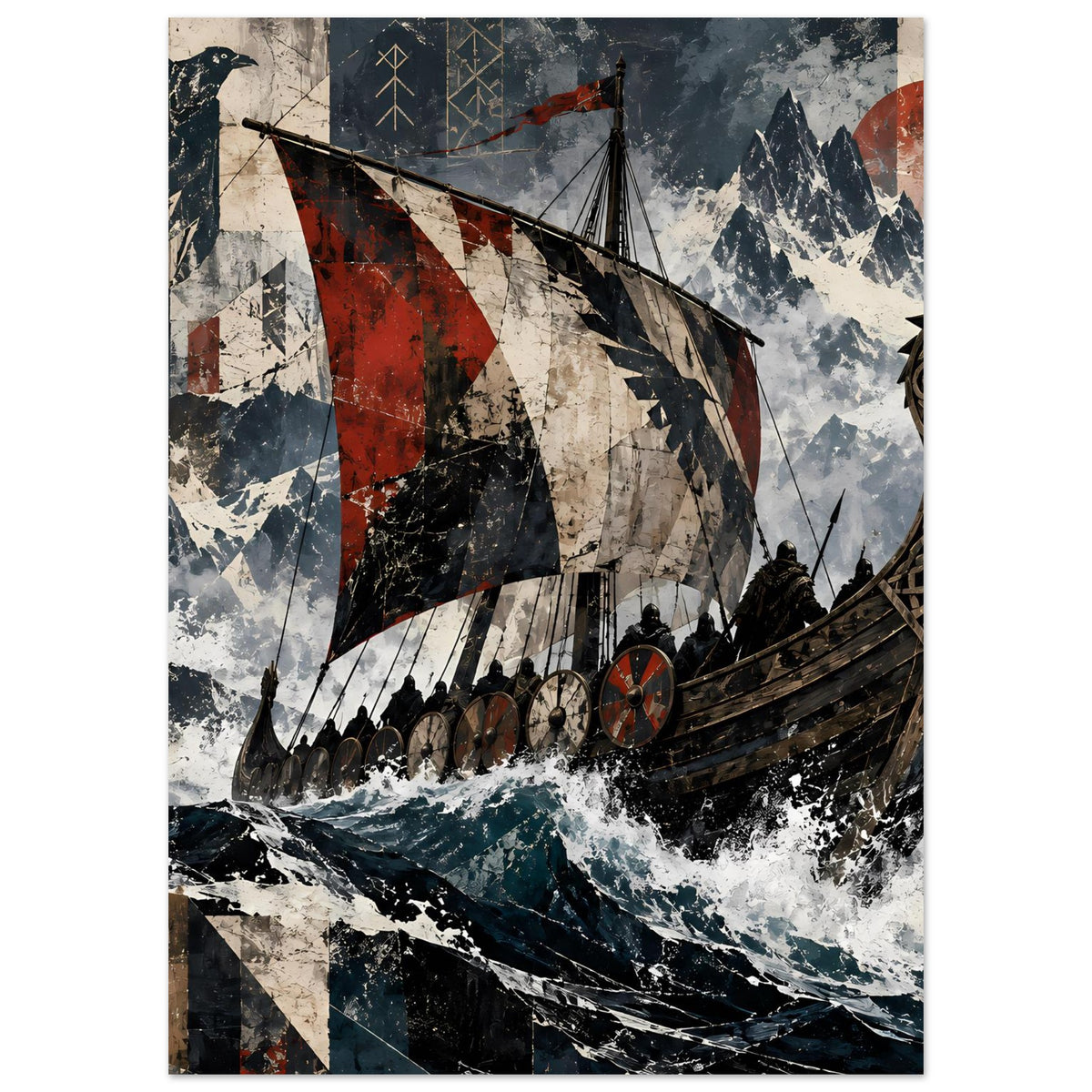 Poster mit Wikingerschiff, roten Segeln und Felsbergen, im Hochformat