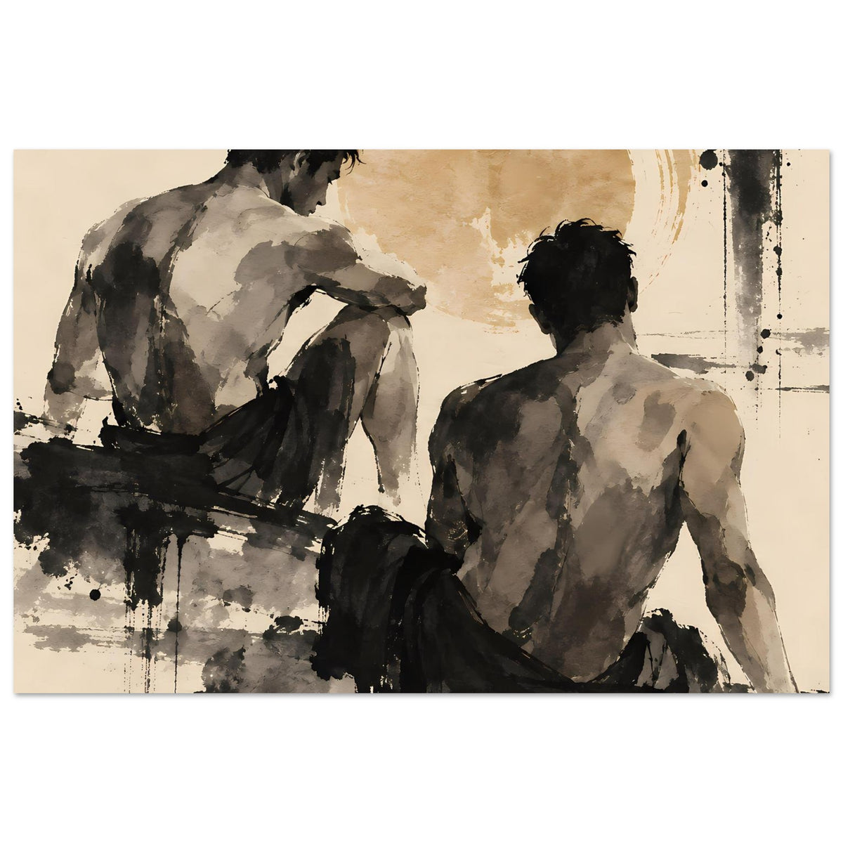 Kunstposter mit zwei dargestellten Männern von hinten, Pinselabstrakt in Sepia und Schwarz