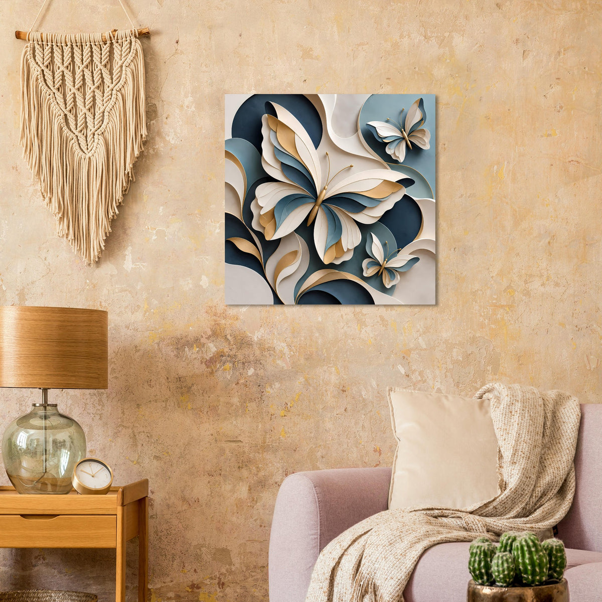 Premium-Poster mit Schmetterlings-Illustration in Blau-, Gold- und Weißtönen