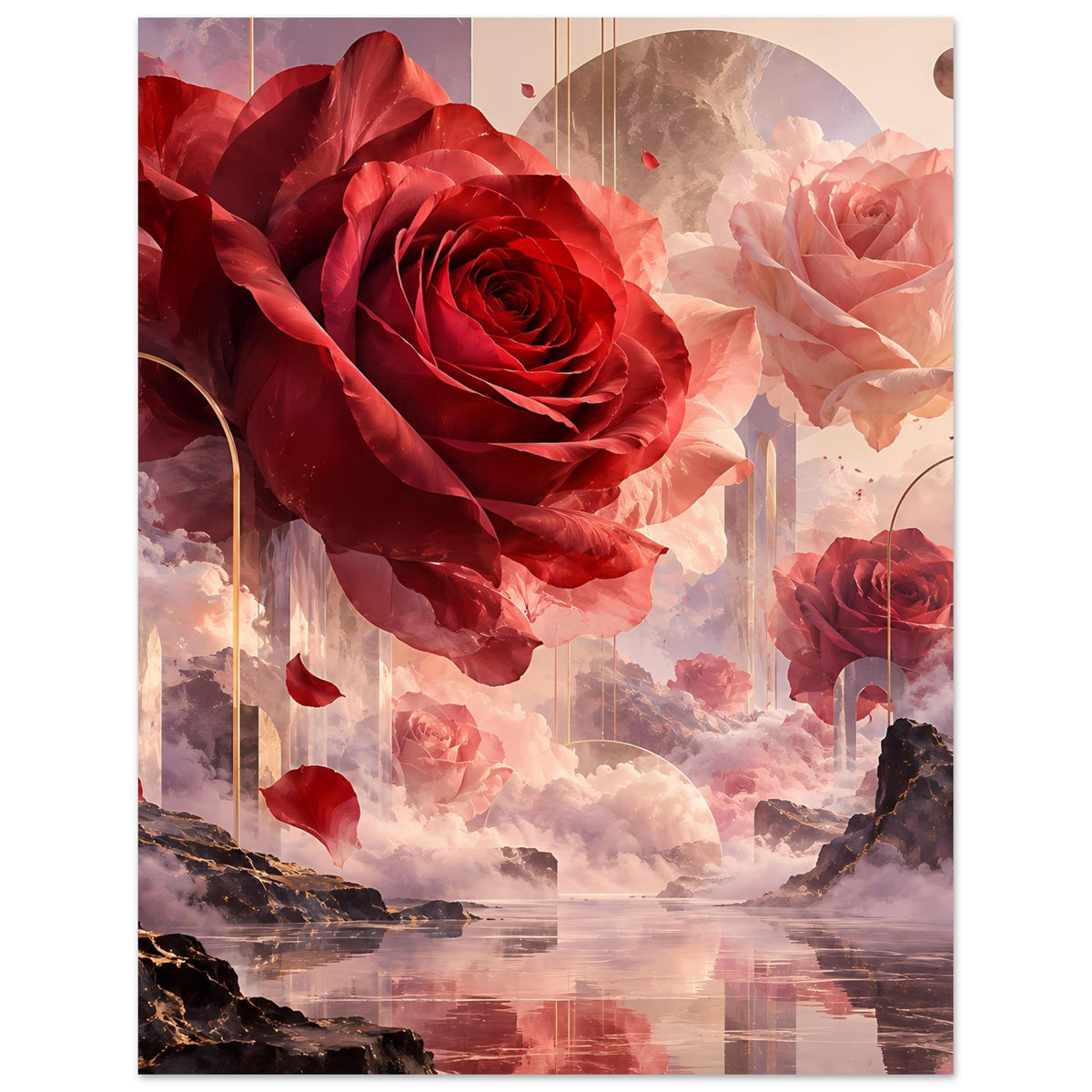 Kunstposter mit rotem Rosenblütenkranz, rosigen Wolken und spiegelnder Wasserfläche