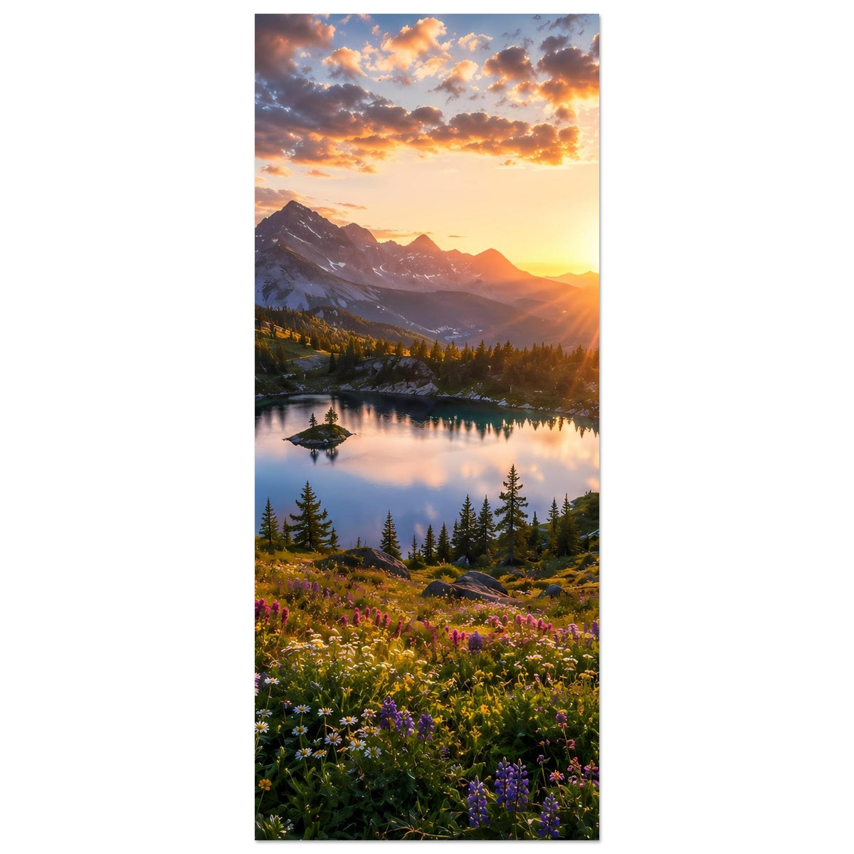 Hochformat-Poster: Sonnenuntergang über Bergsee, Tannenwald und Blumenwiese