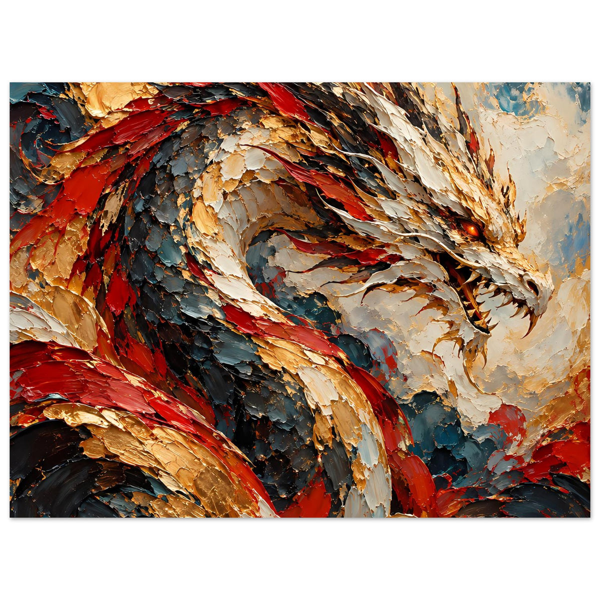 Fantasy-Poster: Drache im Querformat, rote und goldene Flügel, bewegtes Linienmuster