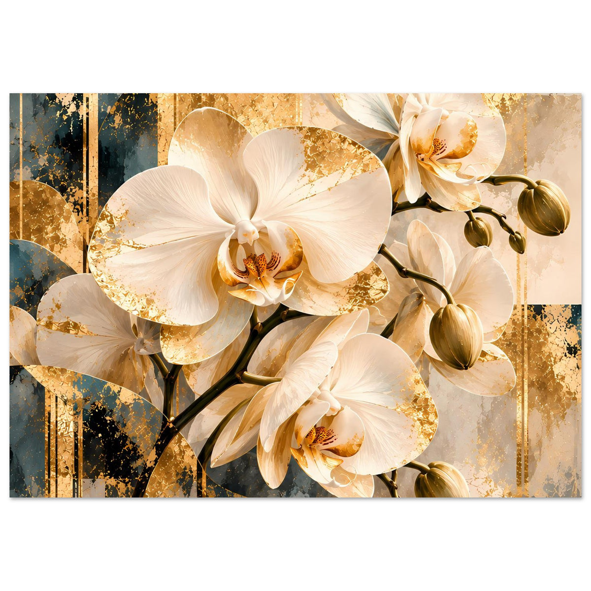 Orchideen-Wandbild: weiße Blüten, goldene Highlights und grüne Knospen im Poster
